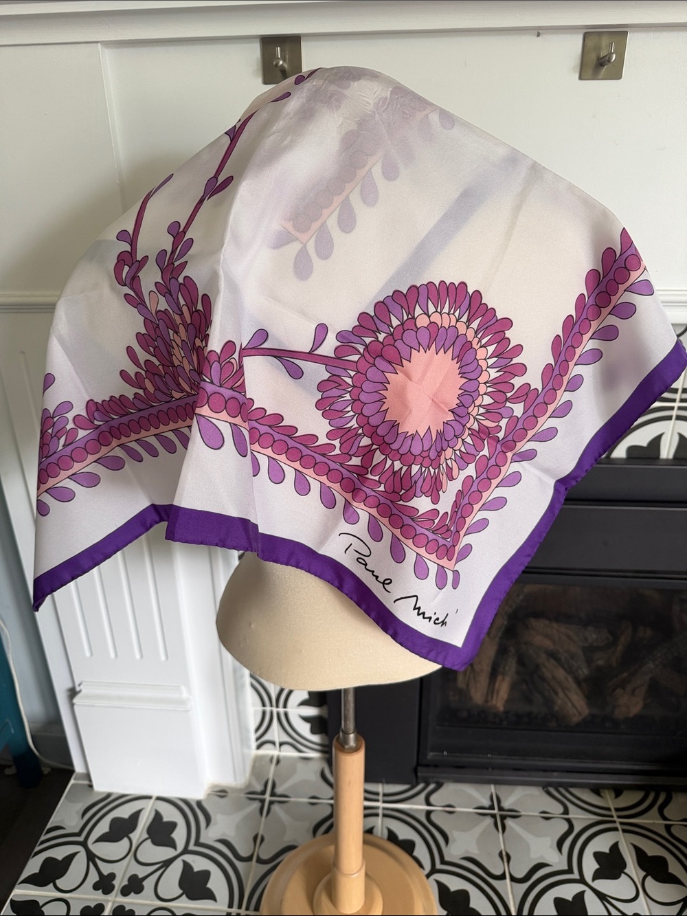 Vintage Paul Mich 100% Silk Scarf - Mod Psychedelic Floral White Purple